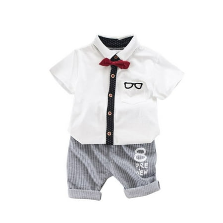 2pcs Gentle Baby Boy Newborn Glasses Print Tops+Striped Shorts Clothes