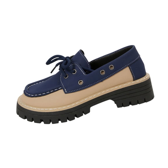 Blue Female Casual Loafers With Lace-Up Closure Round Toe Flat Thick Sole Chunky Heel Ideal For Everyday Wear