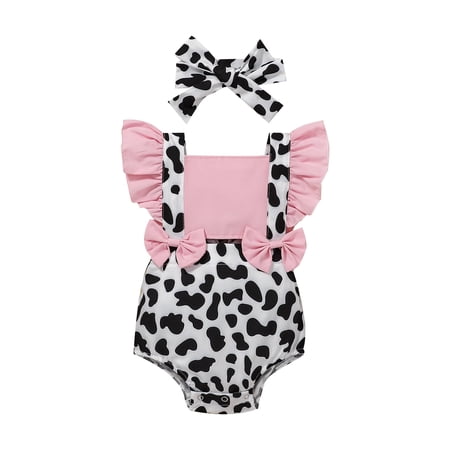 IBTOM CASTLE Baby Girl 1st Birthday Outfit Cow Print Romper Summer Sleeveless Jumpsuit Ruffle Backless Sunsuit Dress with Headband Cake Smash Photo Shoot Clothes 12-18 Months Light Pink Cow