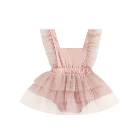

Frobukio Infant Baby Girls Sparkly Romper Dress Ruffled Lace Sequin Backless Bodysuit Princess Tulle Tutu Dress Pink 6-9 Months