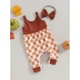 thumbnail image 4 of Wassery Infant Baby Girls Halloween Jumpsuits Sleeveless Pumpkin Print Romper Overalls Headband Set 3 6 12 18 Months Newborn Spring Autumn Round Neck Bodysuits, 4 of 7