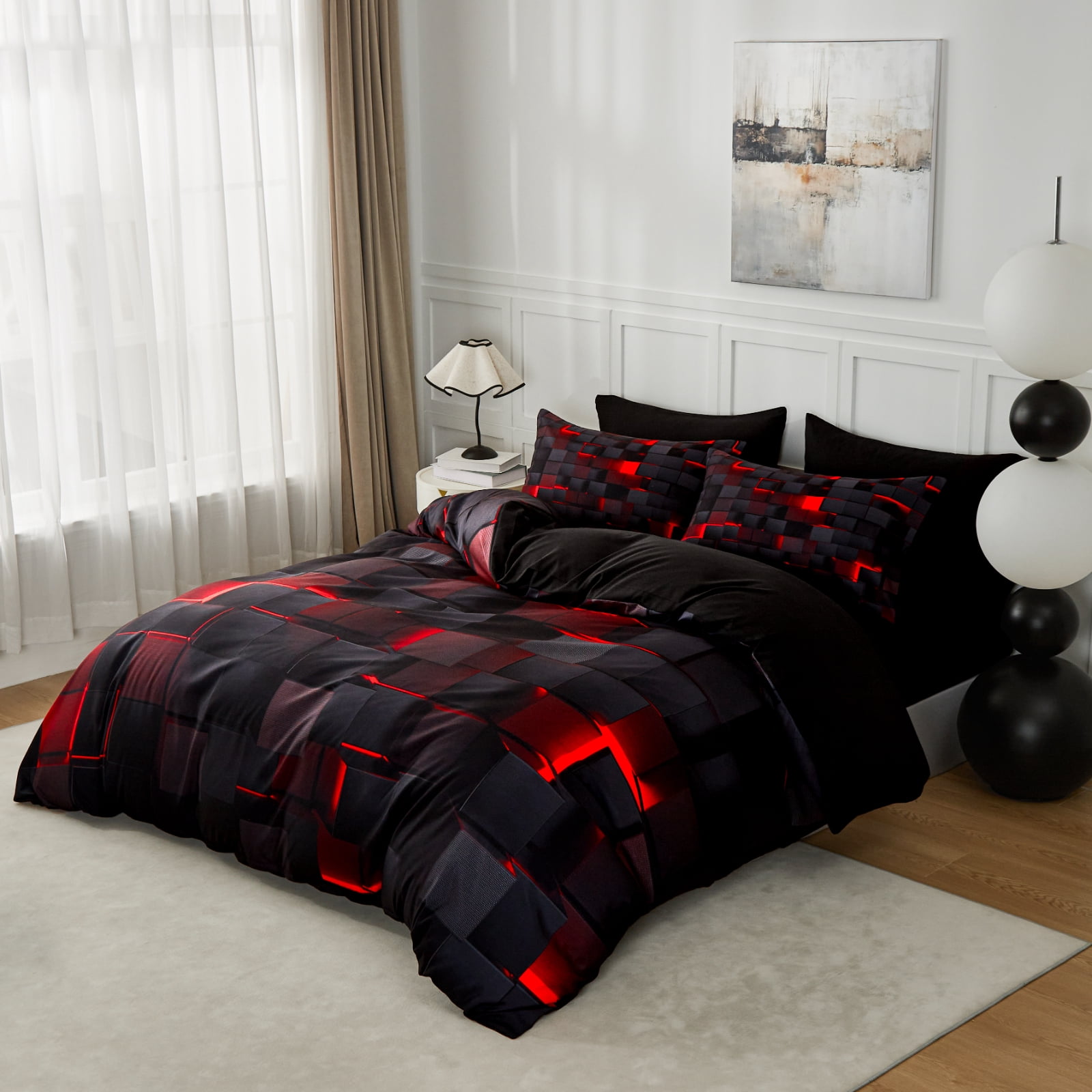 Flymme 3 Pieces Bedding Duvet Cover Set Queen Size Comforter Cover with Red Neon Light Pattern Modern Queen Duvet Cover Gift for Teen Men Bedroom Decor