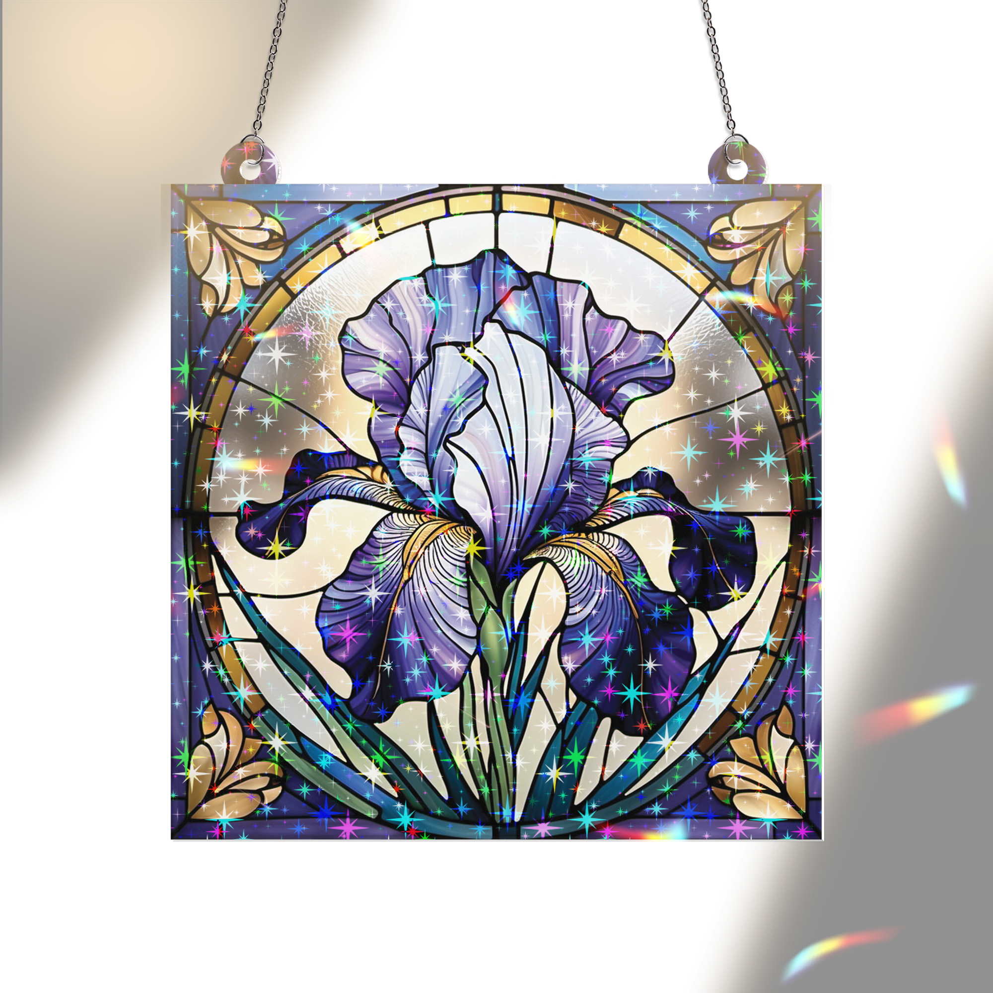 89Bloom Iris Stained Glass Hologram Ornament, Stained Glass Suncatcher Ornaments Home Decor, Holographic Ornaments