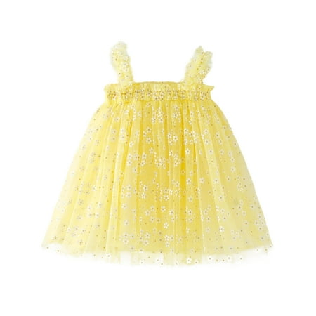 SUXIAN Toddler Girl Dresses Carnival Sleeveless Floral Suspenders Mesh Tutu Party 1 6 Years Girls Summer Dress Yellow_003 3-4 Years
