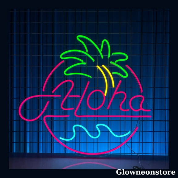 Glowneon Aloha Neon Sign, Palm Tree Led Sign, Beach Bar Decor, Sun Wave Neon Sign, Sunrise Neon