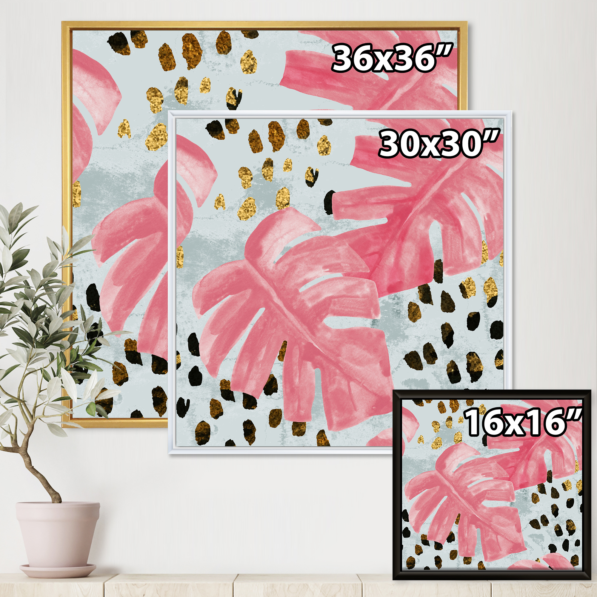 Designart 'Rough Brush Strokes Pink Colored Monstera II' Tropical Framed Canvas Wall Art Print