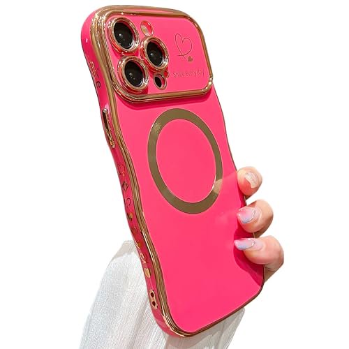 for i-Phone 15 Pro Max Case Magnetic,for Women Girls Soft Cute Wave Frame Curly Shape Love Heart Luxury Plating Phone Case Compatible with MagSafe Shockproof Back Cover 6.7"-Hot Pink