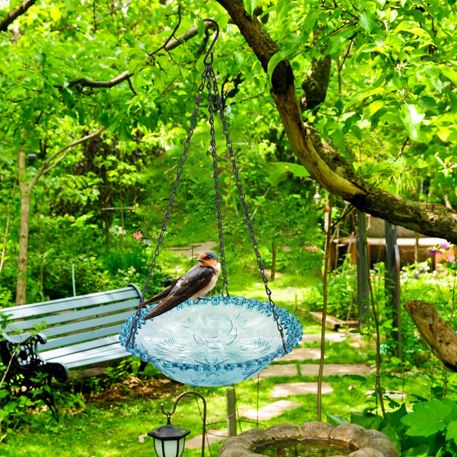 Hanging Glass Bird Bath - Outdoor Drinking Feeder for Hummingbirds and Wild Birds - Water Bowl for Garden, Yard, Patio Decor, Blue single layer