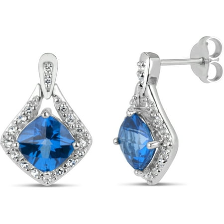Cushion Kashmir Blue Topaz And Round White Topaz Swarovski Genuine Gemstone Sterling Silver Rhodium Stud Earrings