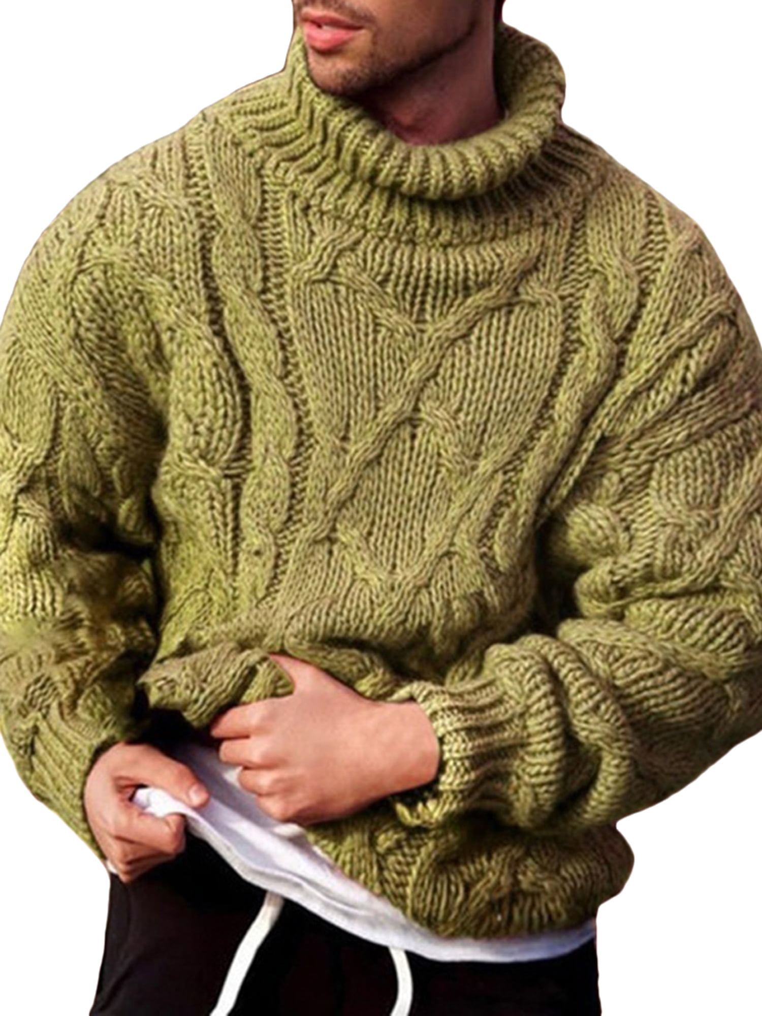 Mens High Roll Turtle Neck Chunky Cable Knit Long Sleeve Jumper Sweater Tops