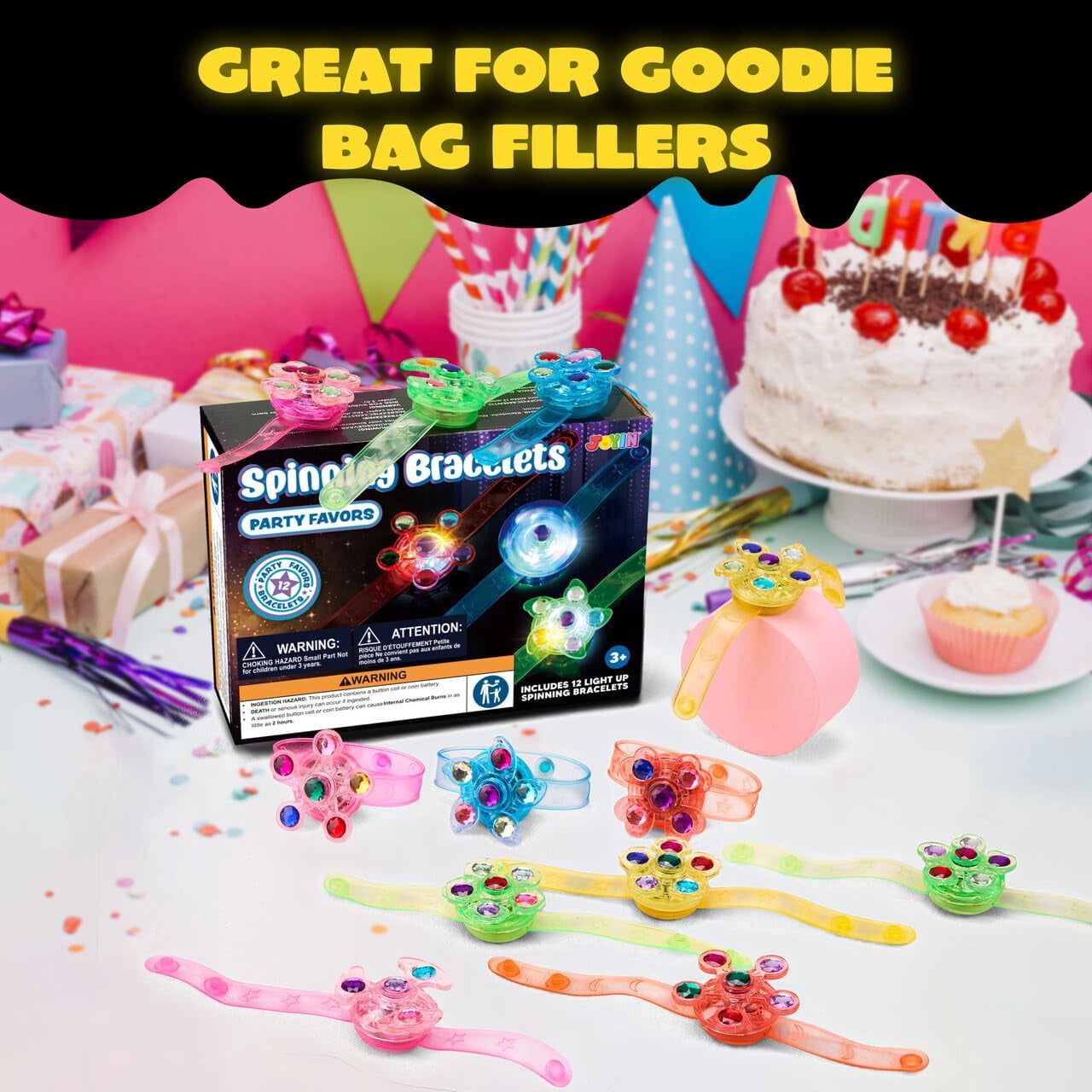 Joyfy 12 Pack LED Light Up Spinning Bracelets Glow Fidget Party Favors for Kids Goodie Bags Stuffers for Birthday