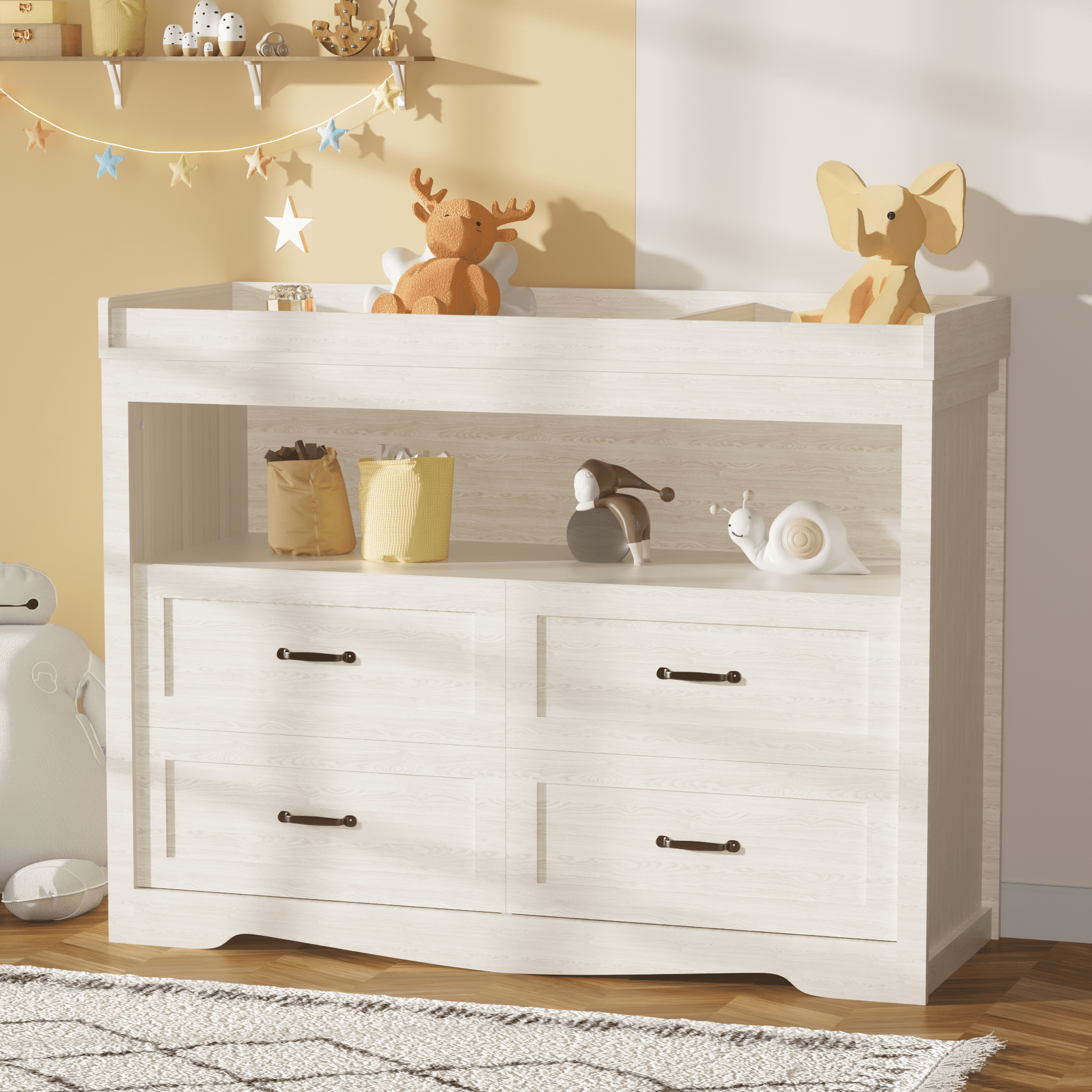 Baby Changing Table Dresser Nursery Chest with Storage-Infant & Toddler, 4 Drawers and Open Storage Space, Beige
