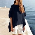 thumbnail image 3 of QIPOPIQ Women's Cotton Linen Round Collar Boxy Top Patchwork Blouses Clearance, 3 of 7
