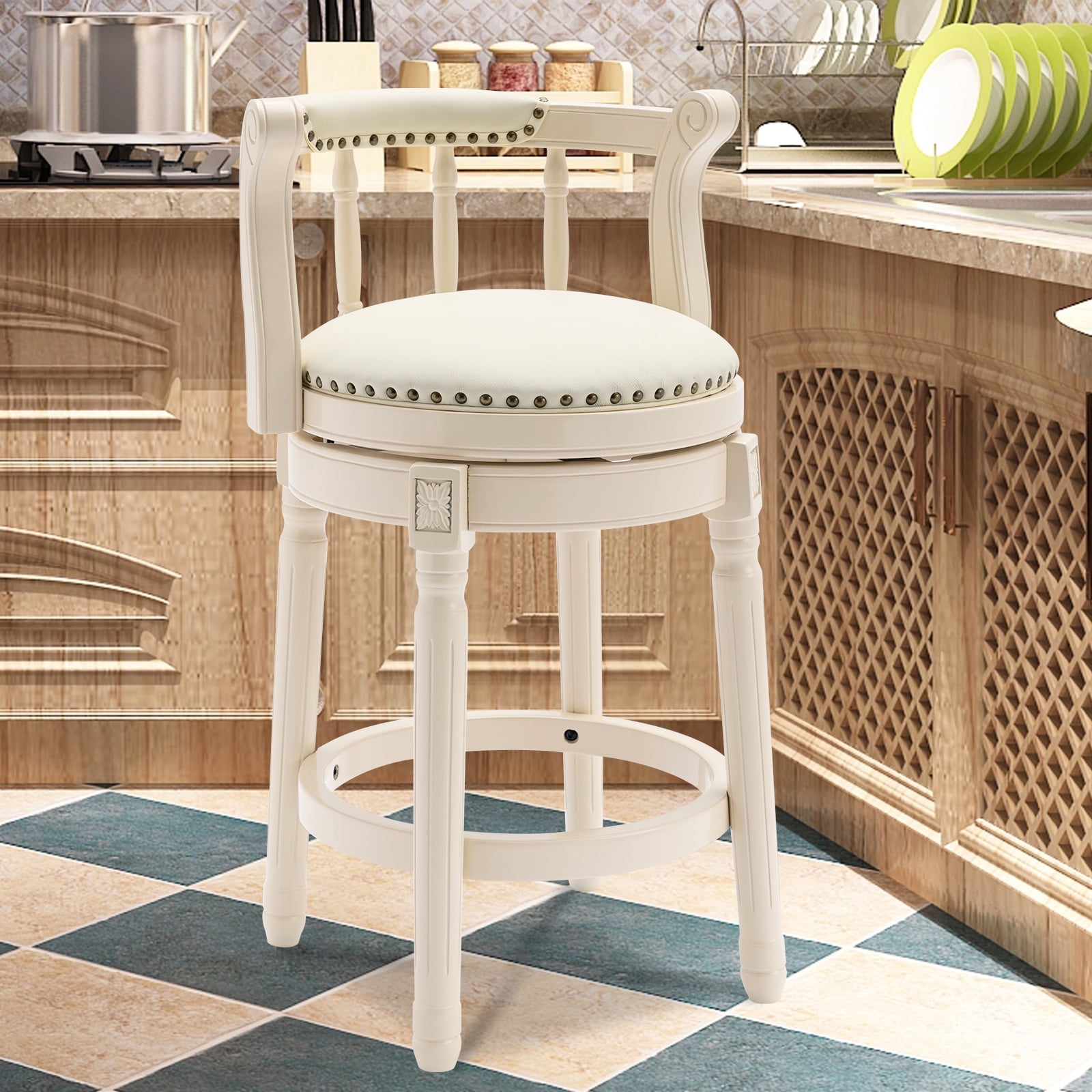 Aulife Bar Stools Genuine Leather Counter Height barstool Wooden Swivel kitchen Stool with Footrest for Kitchen Dining Room(ivory seat, Counter-26" seat height)