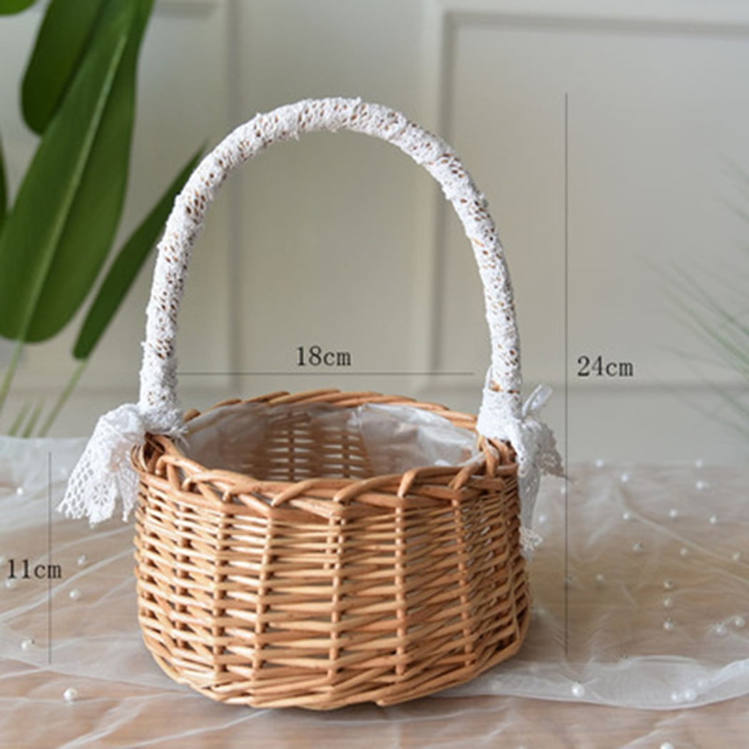 Fresh Rattan Woven Storage Basket with Handle Lace Bow Decor Flower Storage Bin