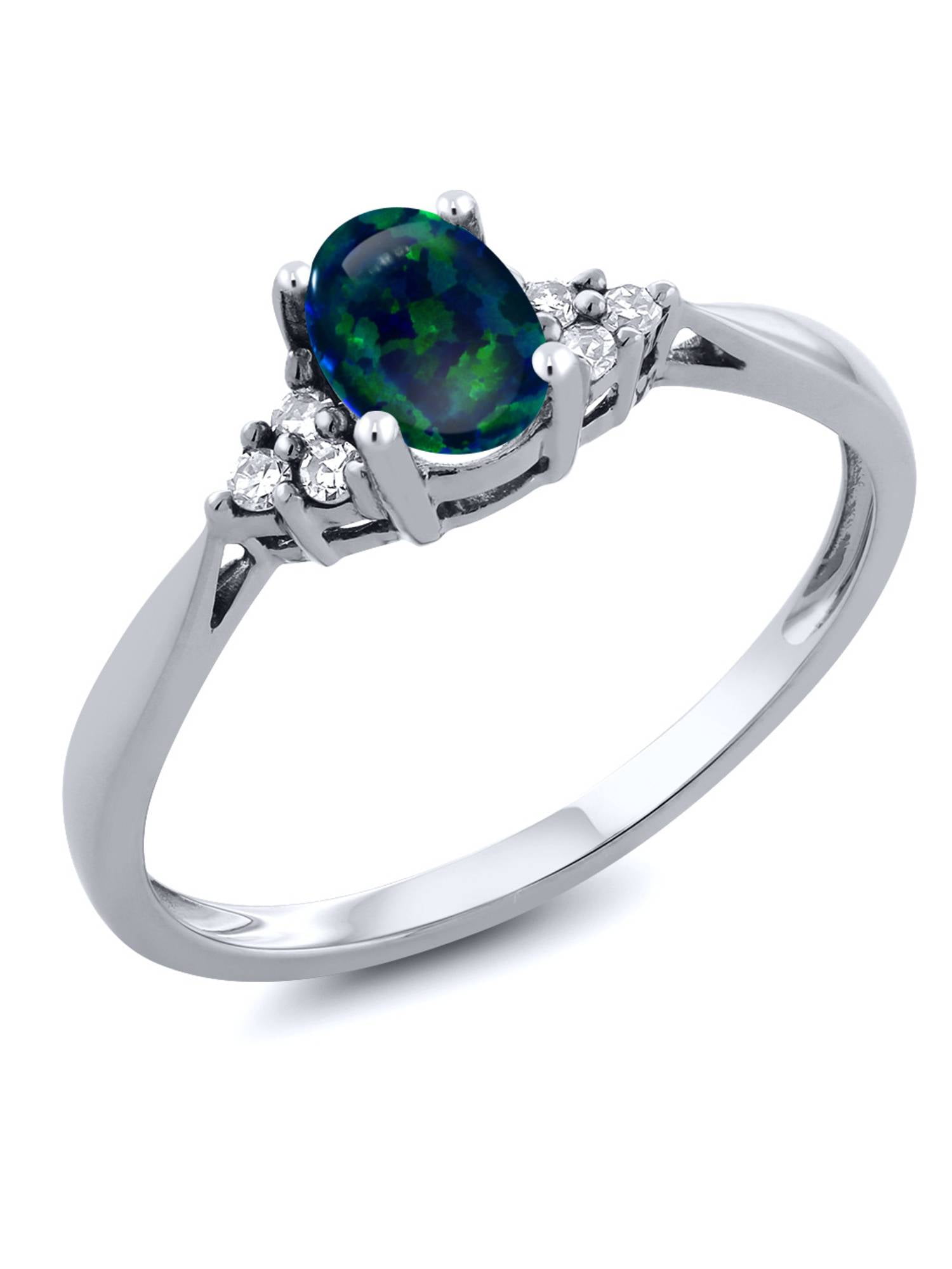 0.50 Ct Oval Cabochon Green Simulated Opal and Diamond 14K White Gold Ring by
