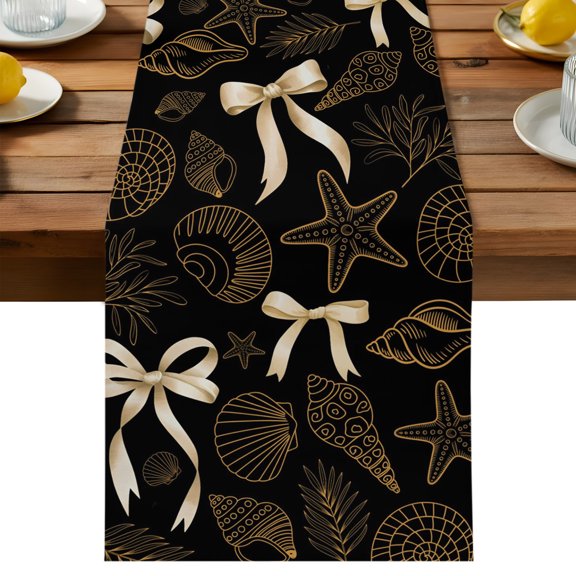 Table Runner Summer Coastal Ocean Decorative Table Runner for Kitchen Nautical Starfish Seashells Coral Black Dinning Runner for Party Wedding Holiday Indoor Outdoor 13x90inch