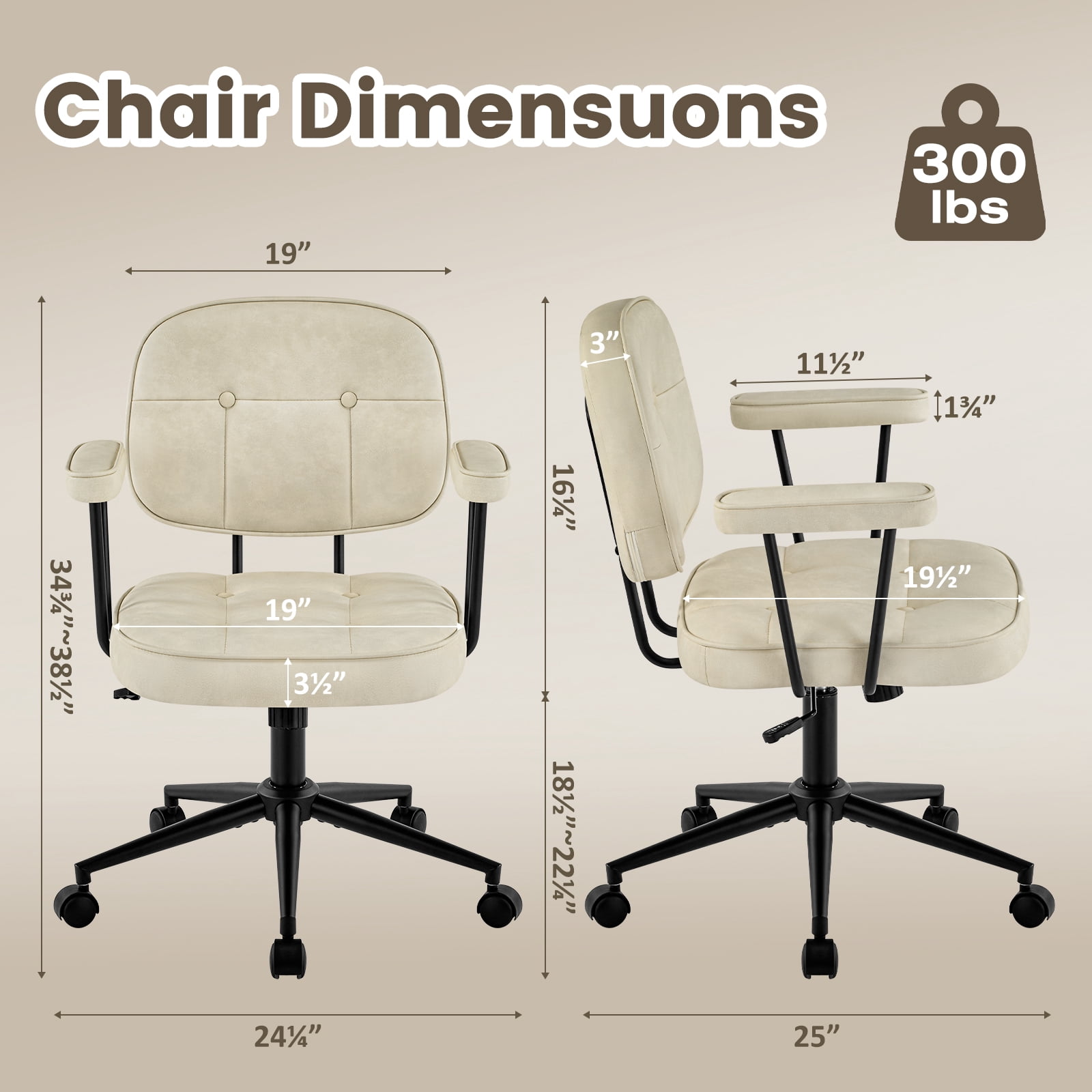 Falvinoryn Modern Home Office Desk Chair, Ergonomic Computer Task Chair with Padded Armrests, 360° Swivel Adjustable Height Rolling Chair, Rocking Function.Beige