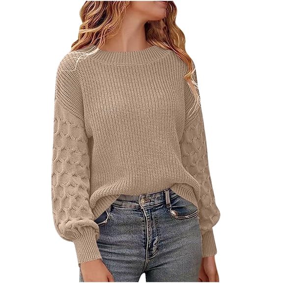 YueHuiYing Sweaters for Women Fashion Solid Crewneck Loose Fit Long Sleeve Contrast Knit Pullover Sweater Jumper Tops Beige M