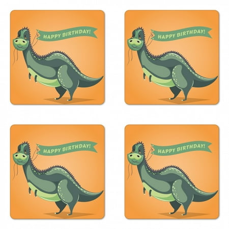 

Birthday Coaster Set of 4 Funny Cartoon Style Dinosaur Holding Ribbon Birthday Greetings Theme Square Hardboard Gloss Coasters Standard Size Green Pale Green Orange by Ambesonne