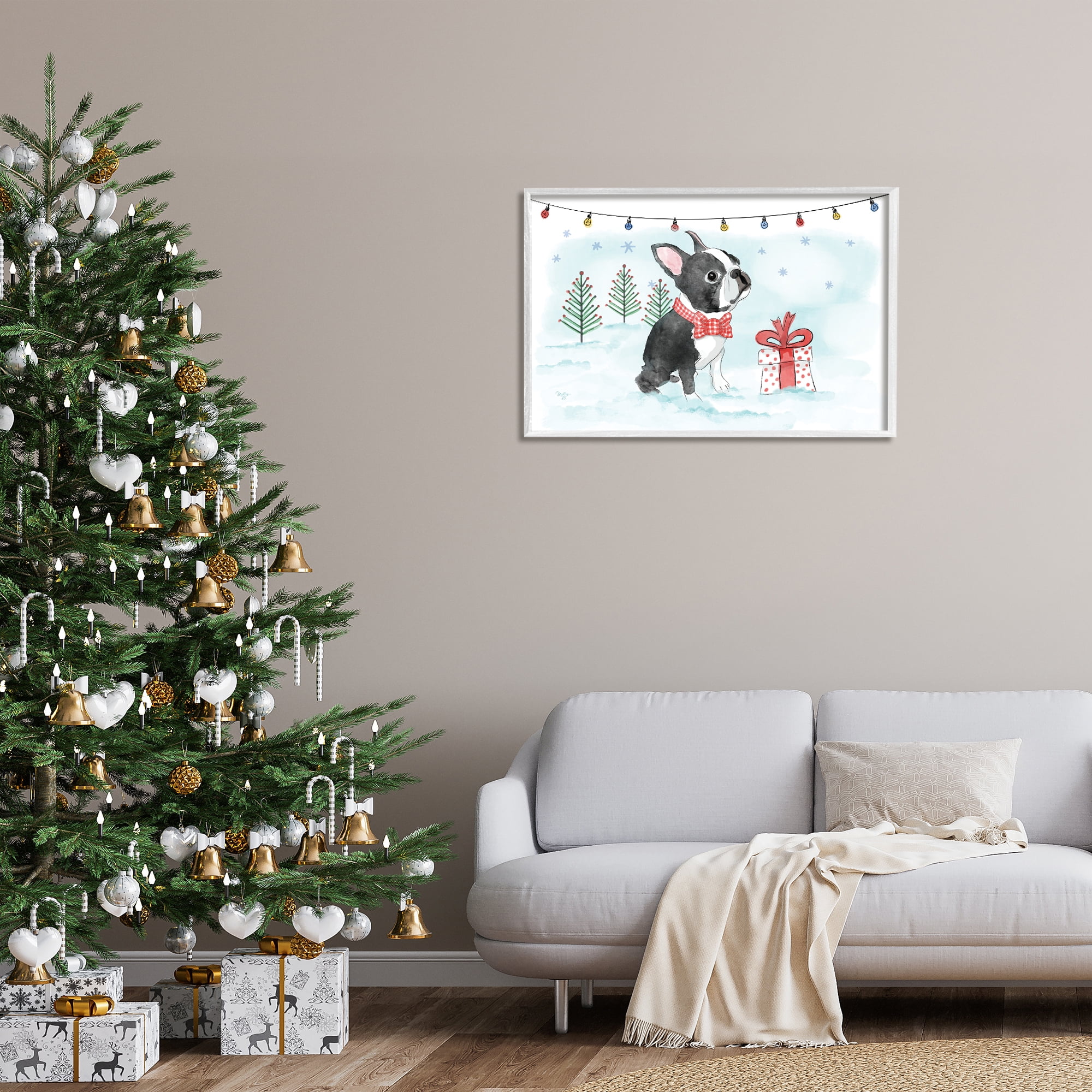 Stupell Industries Snowy Boston Terrier Holiday Painting White Framed Art Prints Wall Art, 30 x 20