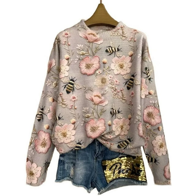 Tops de Larga de Otoño para Mujer, Suéteres de Cuello Redondo con Estampado 3D, Ropa Informal Holgada y Elegante para Vacaciones MYzq01 M