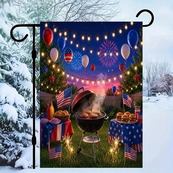 RKSupls Patriotic Linen Double Sided Garden Flag, Independence Day Themed Yard Decor, Backyard Bbq Fireworks Celebration Outdoor Banner for Holiday Lawn