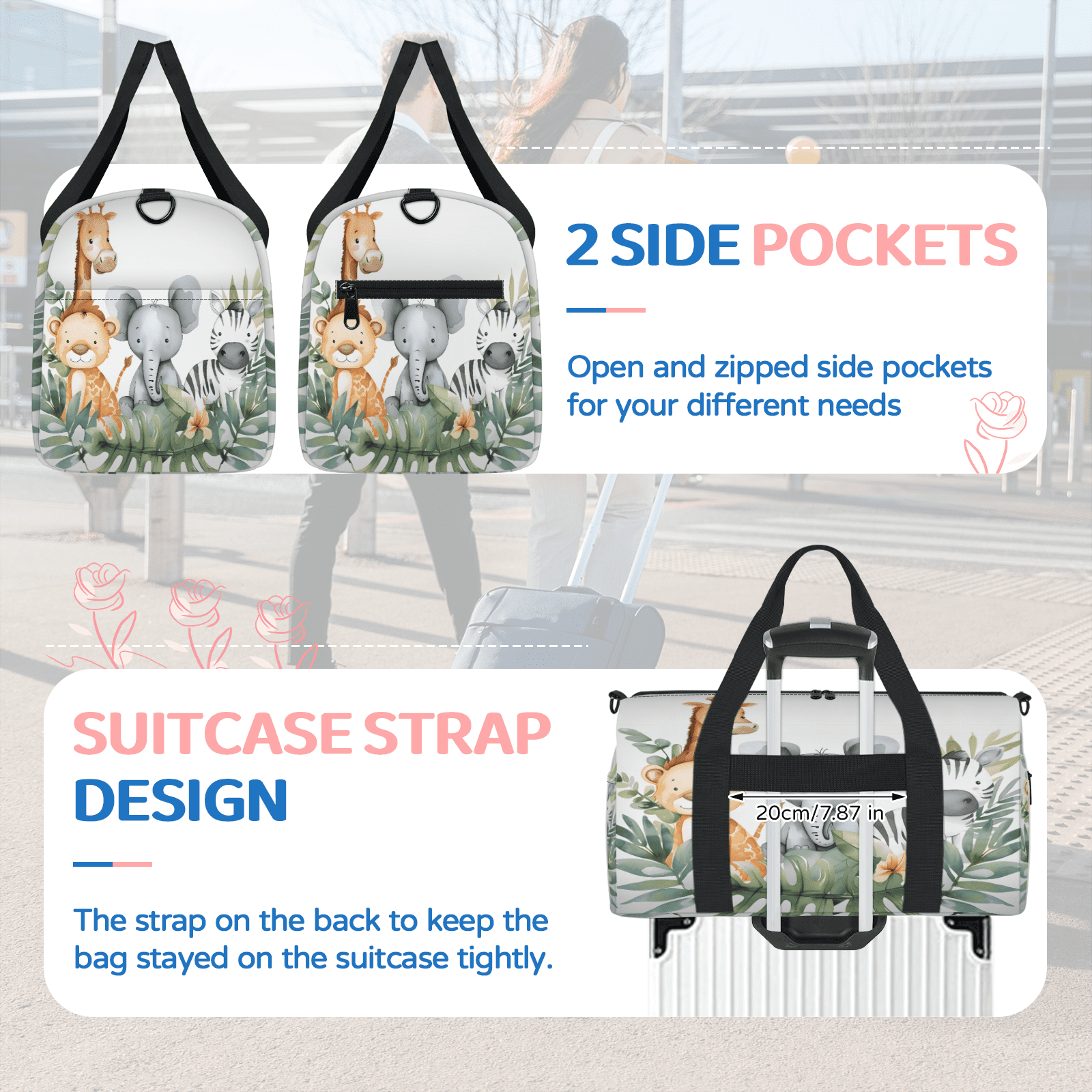 Herdesigns Woodland Jungle Funny Cute Animals Gym Bag for Women, Duffle Bag for Travel Sport, Lightweight Waterproof Carry on Weekender Overnight Dance Yoga Workout Bags