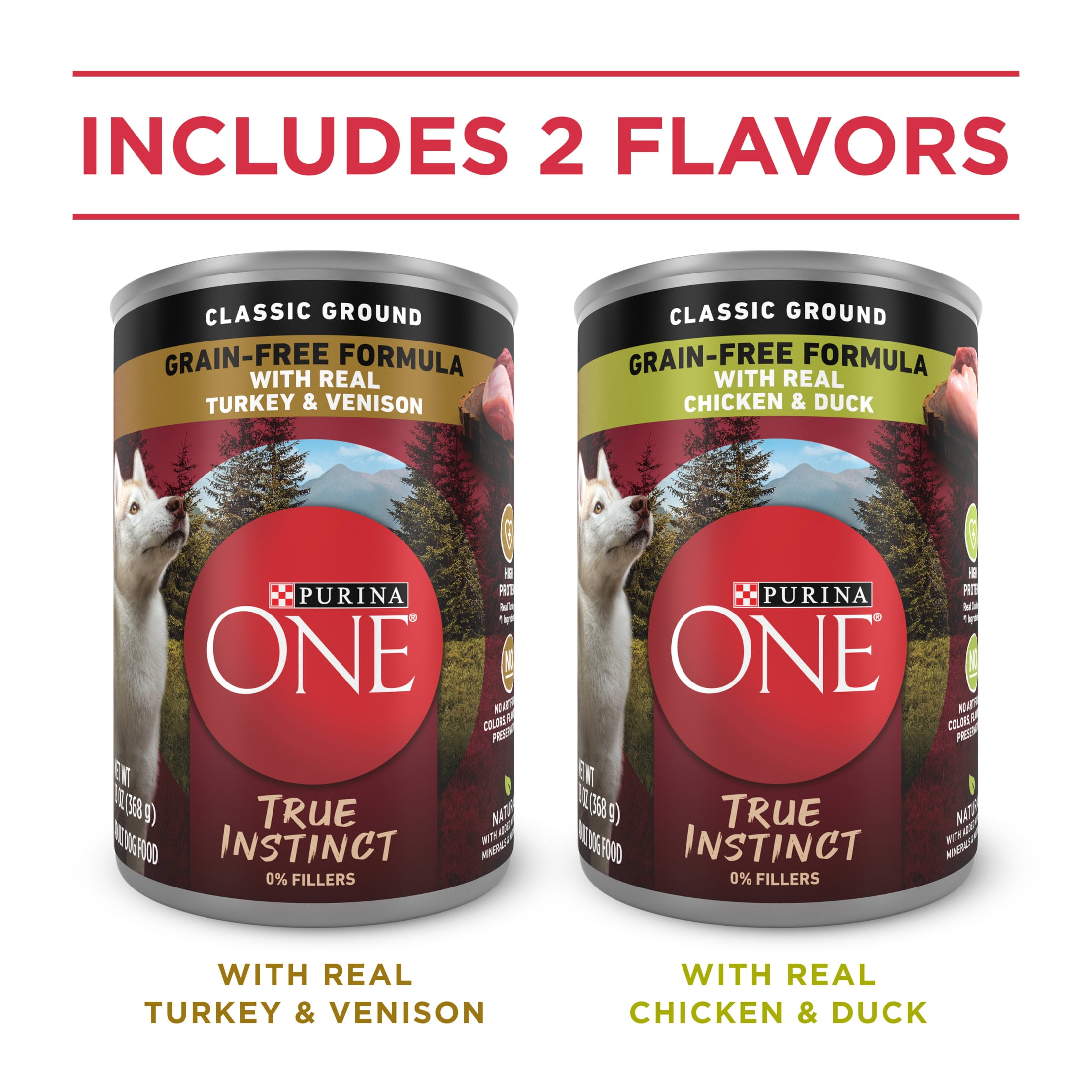 (4 pack) Purina ONE True Instinct Classic Ground Grain-Free Formulas With Real Turkey and Venison, and With Real Chicken and Duck Wet High Protein Dog Food Variety Pack