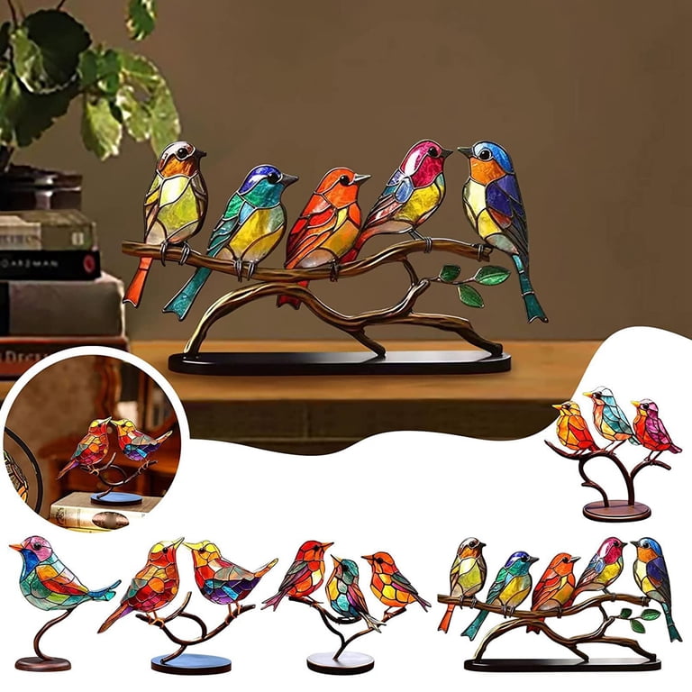 Stained Glass Birds On Branch Desktop Ornaments,Metal Flat Vivid
