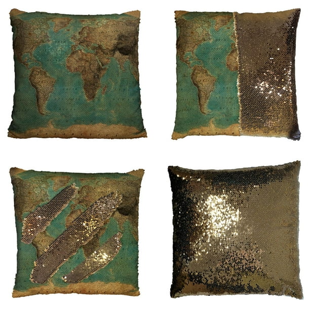 ABPHQTO Funda de almohada de lentejuelas de sirena reversible con patrón de mapa del mundo de estilo vintage, funda de cojín para decoración del hogar, 50x50 cm ABPHQTO FishPillow-QQ-115-20x20