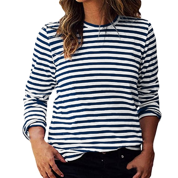 Dyfzdhu Long Sleeve T-shirt For Women Casual Striped Long Sleeve Tops Crew Neck Knit Ribbed Basic T Shirts Casual Top
