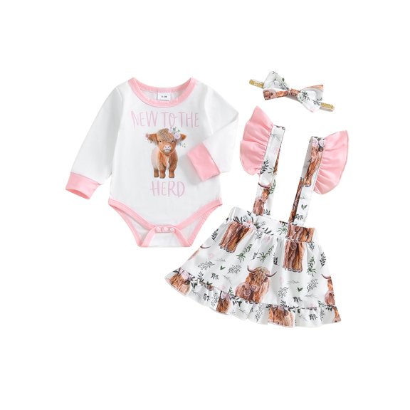 Michellecmm Baby Girls Fall Outfit Cow Print Romper and Suspender Skirt Headband