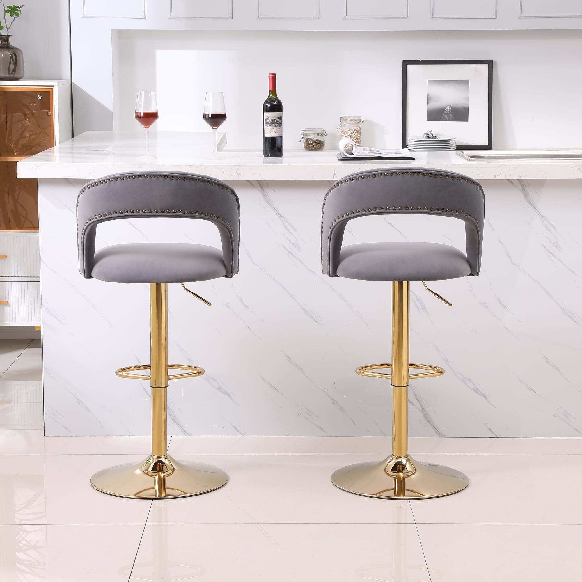 Kadyn Adjustable Tufted Swivel Bar Stool with Back& Footrest for Home, Grey, Set of 2
