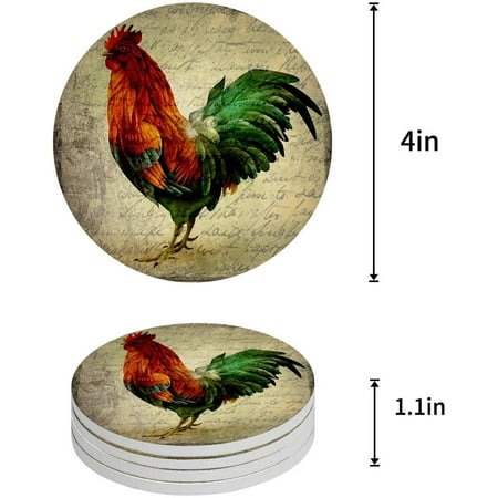 

KXMDXA Farmhouse Cock Set of 4 Round Coaster for Drinks Absorbent Ceramic Stone Coasters Cup Mat with Cork Base for Home Kitchen Room Coffee Table Bar Decor