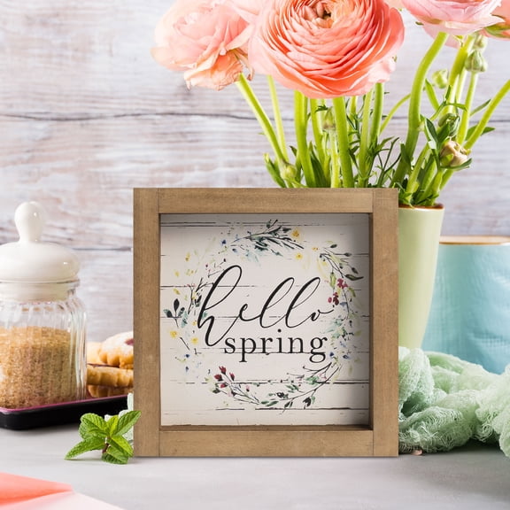 6" Hello Spring Sign, Wooden Spring Table Top Shelf Desk Mantel Wall Art Home Decorations Indoor, Wood March Seasonal Bathroom Kitchen Room Office Rustic Farmhouse House TableTop Decor