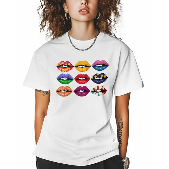 T Shirts for Women Short Sleeve Cotton Crewneck T-Shirt, Kisses Painted Lips Tee Tops Casual Basic T-Shirts, XS-5XL White M