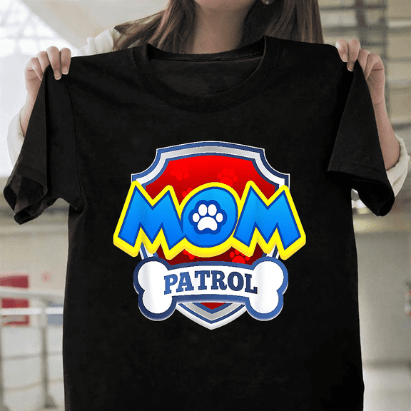 Mom Patrol Dog Birthday Party Funny Canine Graphic Unisex T-Shirt, up to size 3XL.