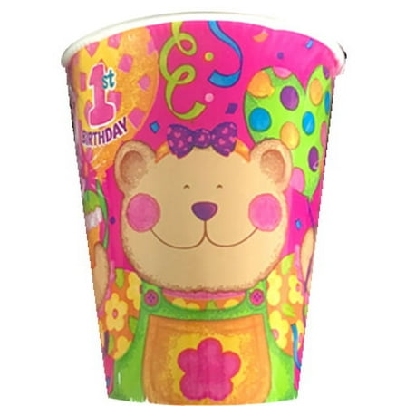 1st Birthday Baby Bear Pink 9oz Paper Cups (8ct)