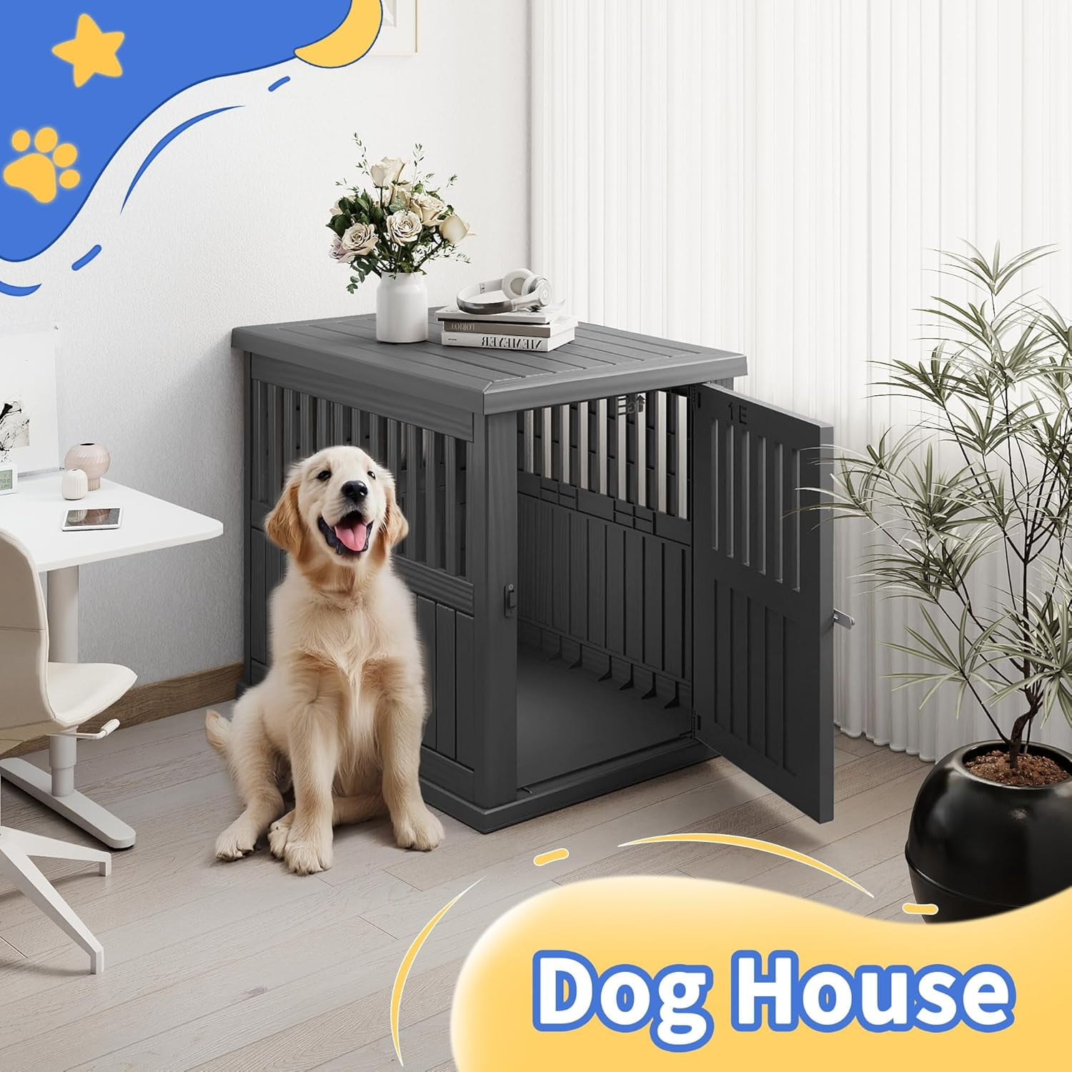 Dog House Resin Dog Kennel Furniture Weatherproof Functional End Table for Indoor Living Spaces & Outdoor Patios(Black, Large (39.37 * 28.35 * 32.83))