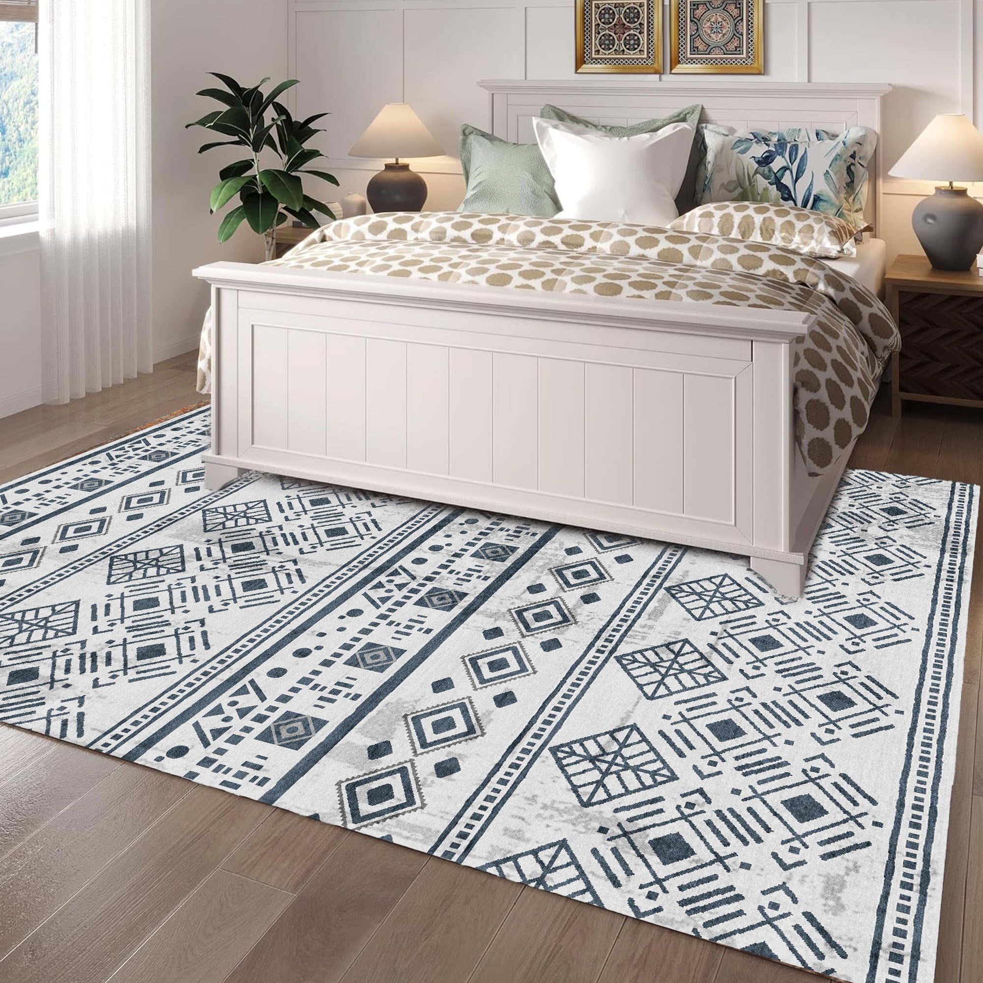 Black Boho 6x9 Area Rugs, Washable Kitchen Entry Rug Non Slip, Ultra Soft Print Distressed Geometric Low-Pile Throw Carpet for Bedroom Nursery Dorm Decor