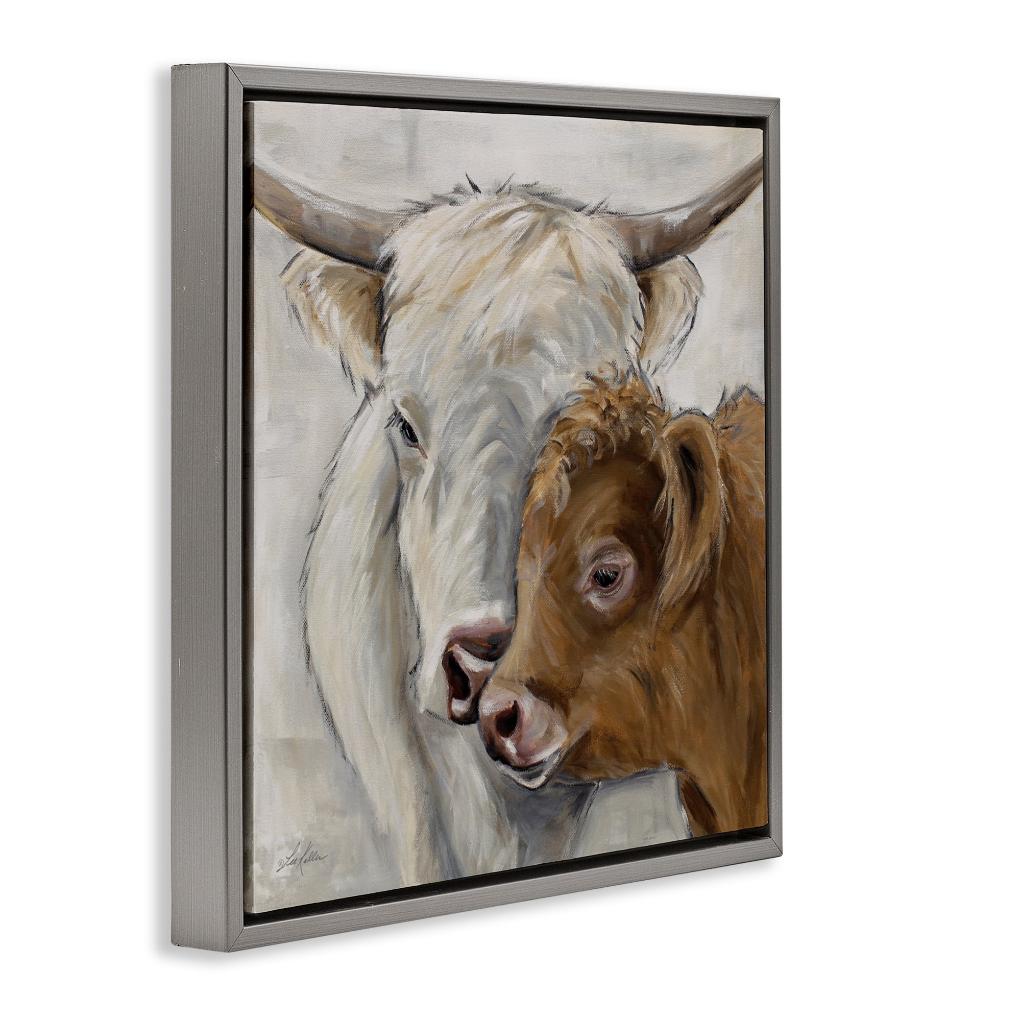 Stupell Industries Highland Cow & Calf Contrasts Gray Framed Floater Canvas Wall Art, design by Lee Keller