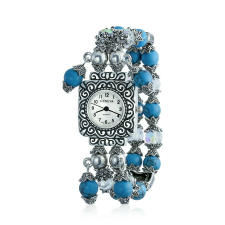 Vintage Style Simulated Turquoise Beads Fashion Stretch Bracelet Wrist Watch For Women White Square Face Dial Steel