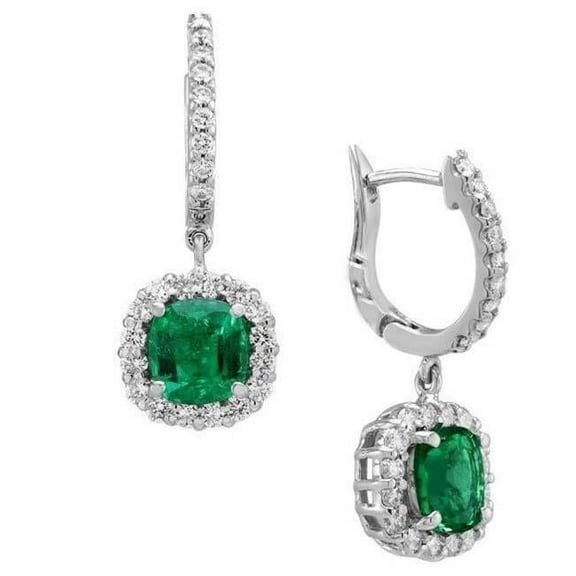 Harry Chad Enterprises 64536 14K White Gold Cushion Emerald Halo Diamonds 5 CT Drop Earring