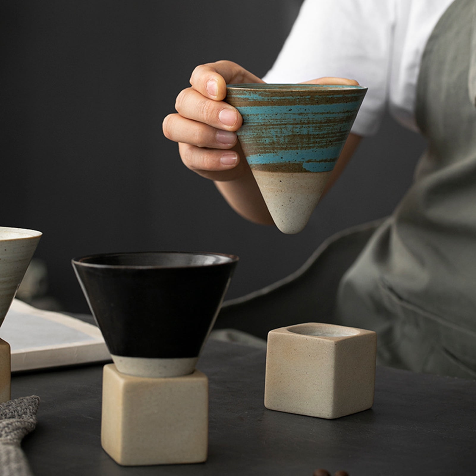 HomeLife 200ML Crude Pottery Funnel Coffee Cup with Base Heat-resistant Handmade Japanese Style Latte Cappuccino Tea Espresso Tapered Mug Birthday Gift