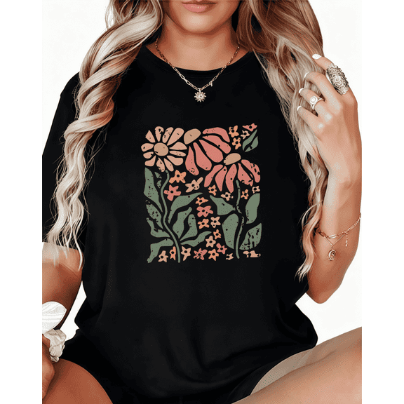 Women's Retro Floral T Shirt Casual Top Vintage Graphic Breathable Short Sleeve Round Neck Black S-5XL