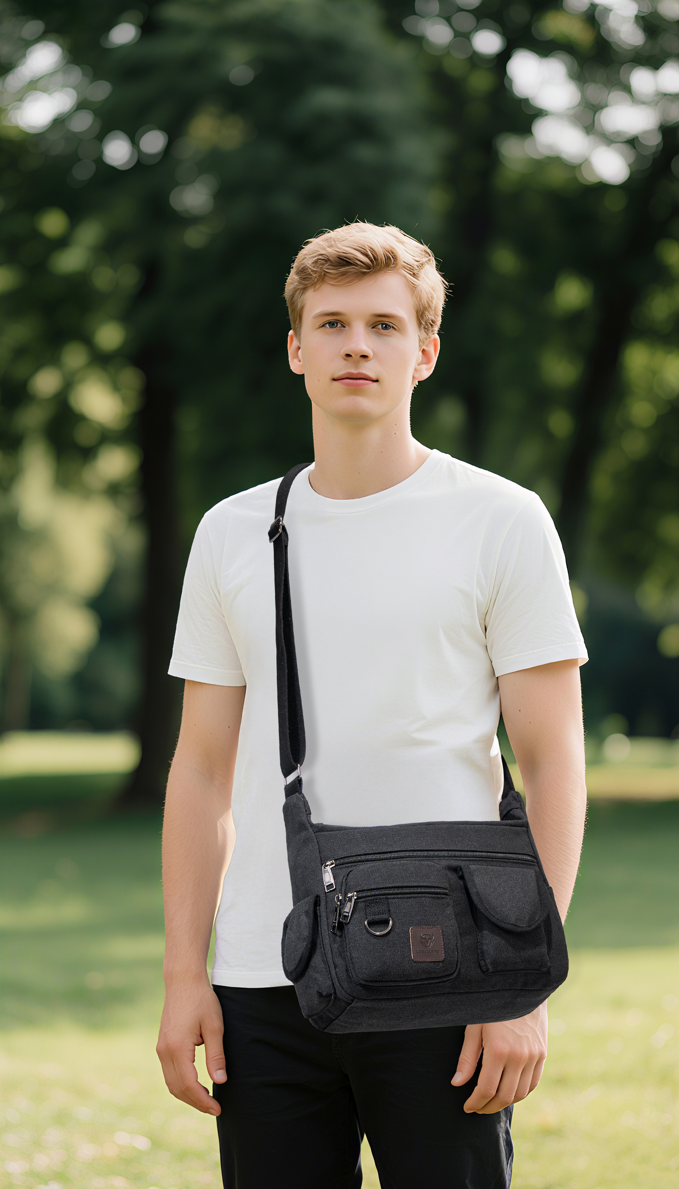 LEBULLBRO Canvas Messenger Bag for Mens Womens Multi-pockets 13 inch Laptop Shoulder Sling Bags School Crossbody Bags Travel Black
