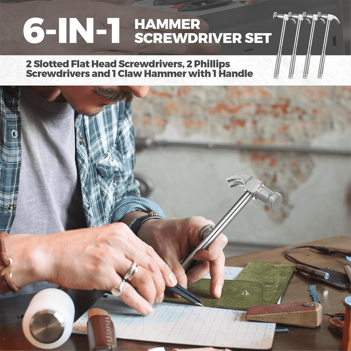 4 Pcs 6-in-1 Hammer Screwdriver Set with Multitool Hammer Small Metal Hammer & Screwdriver for Repair Phones, Watches