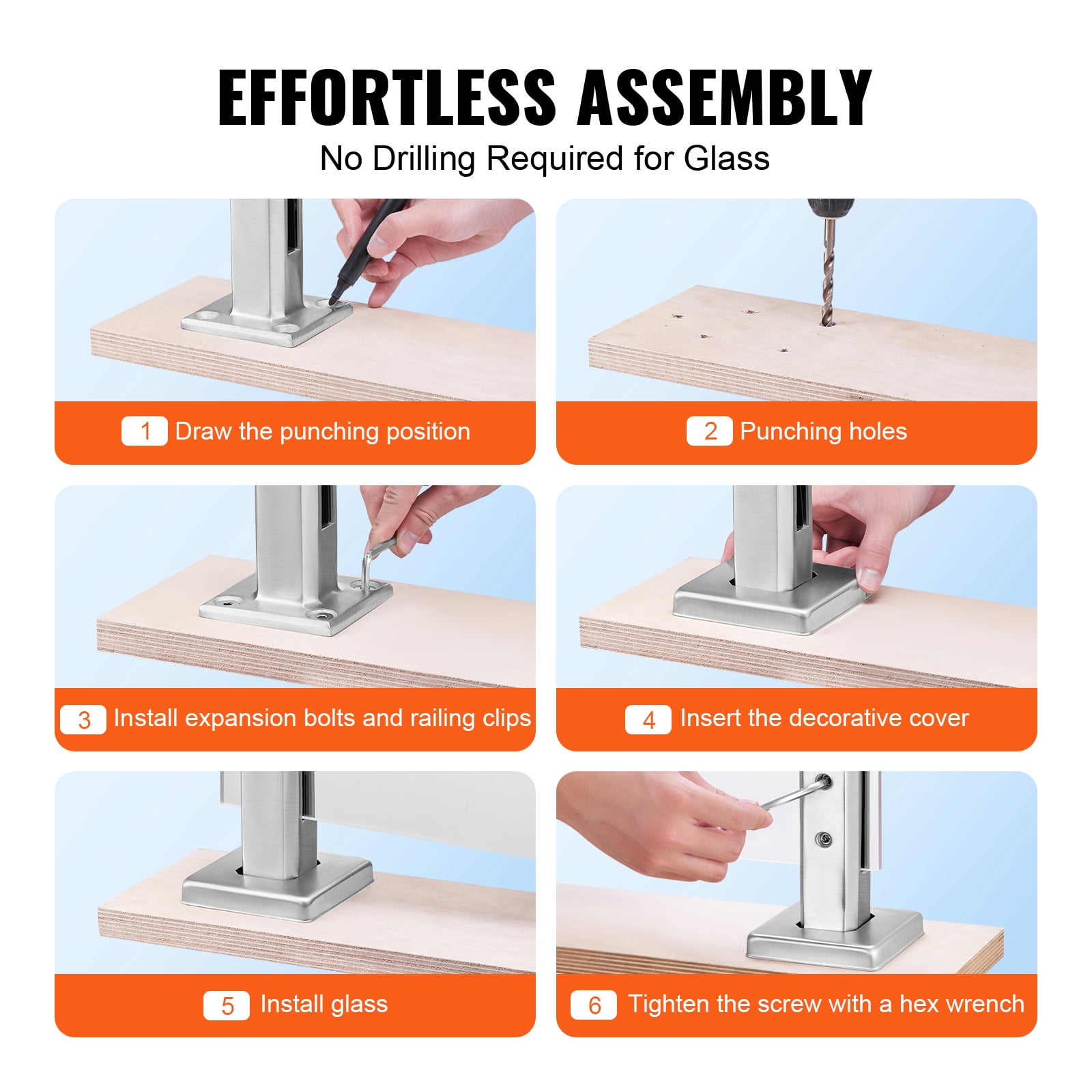 VEVOR Glass Clamp, 10 PCS Square Glass Railing Bracket for 0.31 "-0.47 " Tempered Glass, 304 Stainless Steel Glass Mounting Clamp, 0.12” Thick Glass Shelf Bracket for Balcony,Garden,Stair,Silver