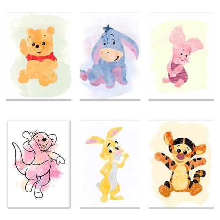 Unframed Winnie Watercolor Posters Set of 6 Pieces (8" x 10") for Kids Bedroom Wall Decorations Game Room Nursery Decor Unframed Cartoon Anime Art Paintings Poster Gift